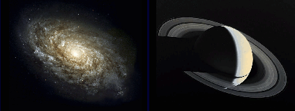 Which one is bigger? On the page, the galaxy and the planet look to be about the same size. Thus, you cannot expect students to understand the vast difference in scale (a factor of about 103 in diameter!) unless you first provide them with a contextual framework that helps them understand the hierarchy of structure in the Universe. Images courtesy of AURA/STScI and NASA.