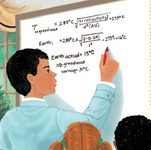 This illustration, from the author's children's book The Wizard Who Saved the World (Big Kid Science 2012), shows the main character (Diego) doing an actual calculation for Earth's temperature in the absence of greenhouse warming, from which we conclude that Earth is warm enough for life only because of the greenhouse effect caused by carbon dioxide and other greenhouse gases.